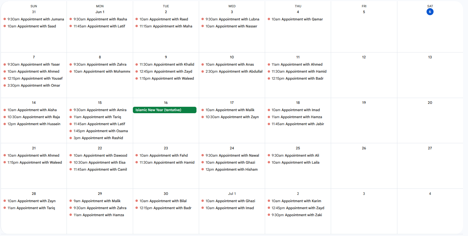 Rahatok clinic dashboard showing the synced appointment calendar for a clinic