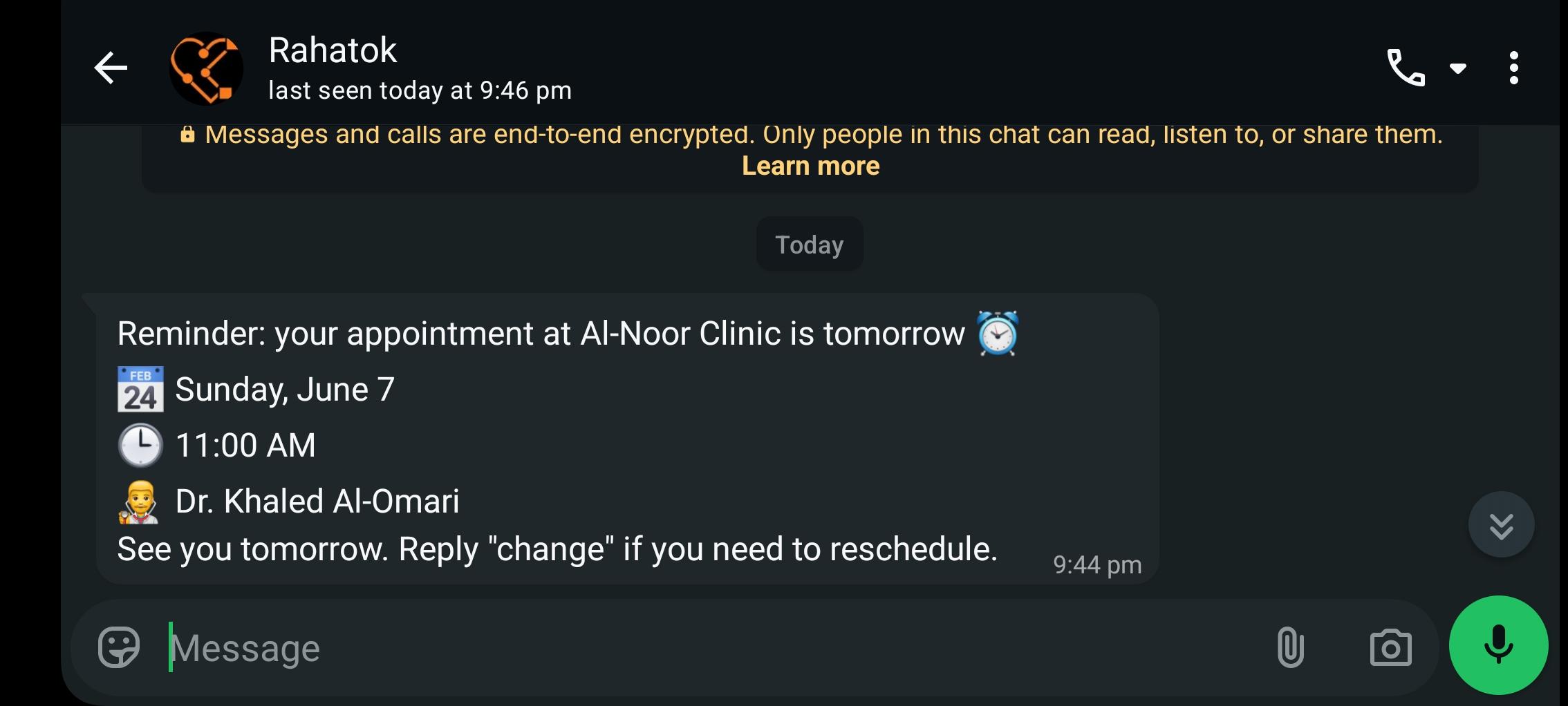 WhatsApp confirmation and reminder message for a booked clinic appointment